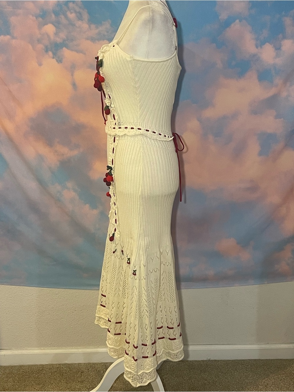 NWT: Gorgeous Lace Made Cream Knit w/Red Ribbon & Cherry Crochet Details - Picture 2 of 15